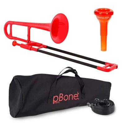 Immagine di pBone 700638 Mini Trombone con Bocchino e Borsa, Rosso (Red)