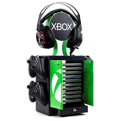 Immagine di Numskull Armadietto per videogiochi ufficiale Xbox Series X, supporto cuffie e porta controller memorizza 10 custodie giochi o dischi Blu Ray, 4