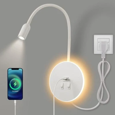 Immagine di Awekliy Lampada da Parete a LED,Lampada lettura flessibile comodino collo di cigno,con Porta Ricarica USB,Luce ambiente camera letto Luce notturna Faretto (3W 3000K+8W 6000K)Spina,Bianco