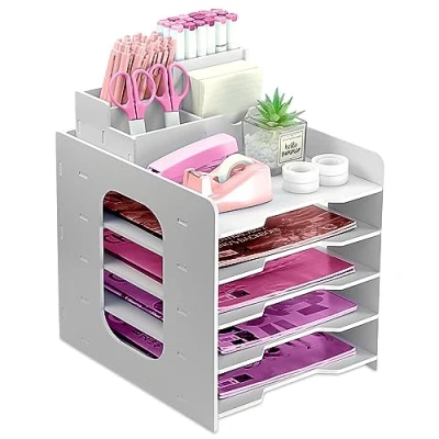 Immagine di ideallife vassoio portadocumenti a 5 livelli, in legno per scrivania da ufficio, organizer A4 con portapenne, porta documenti casa, scuola, WN RO1
