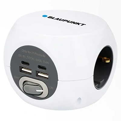 Immagine di BLAUPUNKT presa multipla, Schuko A 3 prese, 2 prese USB + C, con interruttore on/off, bianco, 1,4 m