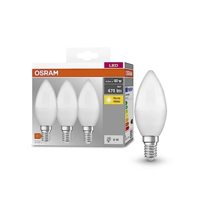 Immagine di OSRAM Lampada LED BASE CLASSIC B 40 FR con attacco E14, candela, confezione tripla, 4.9W, 470lm, 2700K, luce bianca calda, bassa emissione di calore, consumo energetico molto basso, lunga durata
