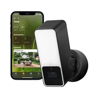 Immagine di Eve Outdoor Cam videocamera con riflettore sicura, massima sicurezza e privacy (HomeKit Secure Video), 1080p, visione notturna, Wi Fi (2.4 GHz), sensore di movimento, comunicazione bidirezionale