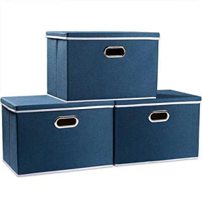 Immagine di Prandom Grandi contenitori pieghevoli in lino con coperchi per casa, ufficio [confezione da 3] Royal Blu (45 x 30 cm)