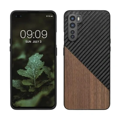 Immagine di kwmobile Cover Compatibile con OnePlus Nord Custodia in Fibra di Carbonio e Legno Bumper Anti Urto Back Protection marrone scuro/nero