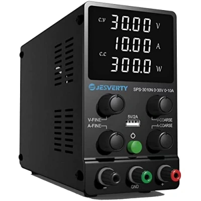 Immagine di Jesverty, alimentatore da laboratorio, laboratorio DC regolabile (30 V, 10 A) con display LED ad alta precisione a 4 cifre, uscita porta USB 5 V/2 A, impostazioni approssimative e fini