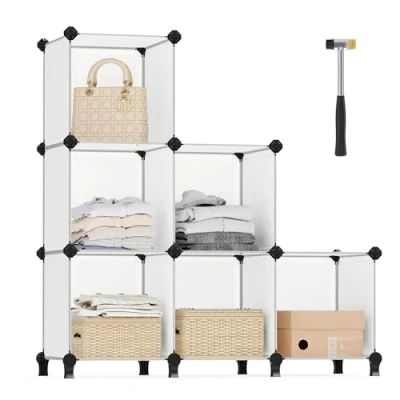 Immagine di SONGMICS Scaffale a 6 Cubi, Organizzatore Modulare, Portaoggetti in Plastica con Piedini, Scarpiera, Cubo 30 x cm, Soggiorno, Camera da Letto, Martello di Gomma, Bianco LPC111S