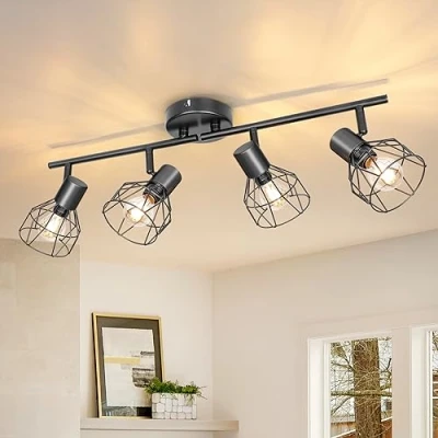 Immagine di Dehobo Faretti da Soffitto con 4 Orientabili, Lampada Led Moderno Industriale in Metallo Nero, Luci per Soggiorno Corridoio, Lampadine E14 non Incluse Max. 40W