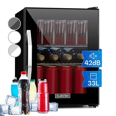 Immagine di KLARSTEIN Mini Frigo Bar da Camera per Birra, Portatile, Piccolo Ufficio, con Porta in Vetro, Ripiani Rimovibili, 0 10C, 33L
