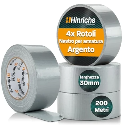 Immagine di Hinrichs Nastro Telato Argento 4 Rotoli di Americano 50m x 50mm Duct Tape extra forte Gaffa Impermeabile in Tessuto largo Adesivo per Interno ed Esterno