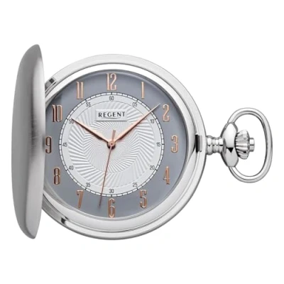 Immagine di REGENT Orologio da tasca uomo Savonnette Coperchio pieghevole Cromato 50 MM Quarzo Bianco Quadrante Grigio Numeri arabi, P 728 Lancette in oro rosa/liscia opaca, Classico