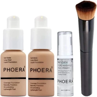 Immagine di Phoera Set da trucco a copertura completa, include fondotinta opaco 30 ml, primer viso e liquido 6 ml per una facile applicazione.