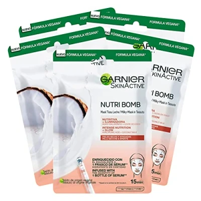 Immagine di 5x Garnier Skinactive Maschera in Tessuto Nutri Bomb Nutriente e Illuminante con Latte di Cocco per Pelli Secche Spente 5 Maschere Monouso