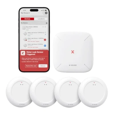 Immagine di X Sense sensore d&#039;acqua Wi Fi con stazione base SBS50, rilevatore intelligente di perdite d&#039;acqua, avvisi tramite app, impermeabile IP67, wireless per cucina, bagno, cantina, SWS0A41