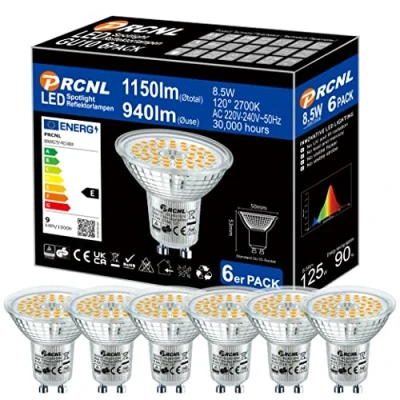 Immagine di PRCNL Lampadine LED GU10 2700K Bianco Caldo 8.5W 940Lumen Equivalenti 125W Lampada Alogena. AC 230V No Flicker Faretti, Faretto 120 Spot, 6 Pack