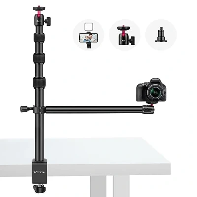 Immagine di Victiv Supporto per Fotocamera da Tavolo in Alluminio con Braccio di Estensione, Treppiede a Testa Sferica Filettatura 1/4&quot;, C Stand Canon DSLR, Smartphone, Luci ad Anello, Webcam