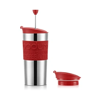 Immagine di Bodum K11067 04 TRAVEL PRESS SET Tazza a stantuffo isotermico in acciaio inox doppia parete, con coperchio extra, 0,35 l