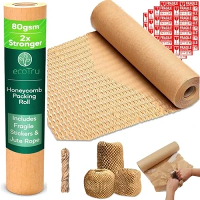 Immagine di ecoTru Carta da imballaggio a nido d&#039;ape, 38,1 x 40,6 m, involucro ecologico per traslochi di articoli fragili, alternativa pluriball riciclabile e biodegradabile, forniture