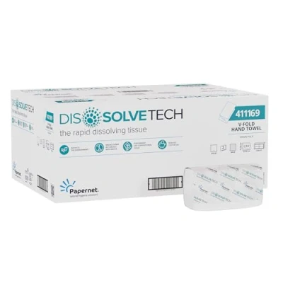 Immagine di Papernet Dissolve Tech Asciugamano Piegato a V 411169, 15 pacchi da 210 Pezzi Monouso di Carta in Pura Cellulosa, Biodegradabile e Altamente Resistente, 2 Veli, Dimensione 22x10,5cm