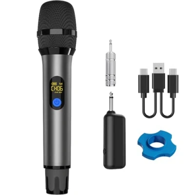 Immagine di VOVIGGOL Microfono Wireless Professionale, UHF Sistema Microfonico Dinamico Cordless in Metallo con Ricevitore Ricaricabile per Karaoke, Festa, Nozze, Chiesa, Riunione, DJ, 50M