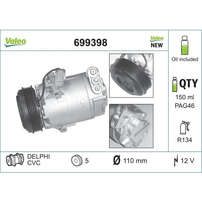 Immagine di VALEO 699398 compressore Aria Condizionata 6CVC 12 PAG 46 R 134a con olio NEW ORIGINAL PART OPEL: Corsa C Hatchback, Astra G Caravan