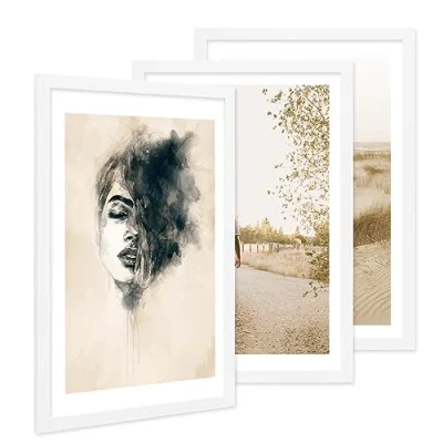 Immagine di PHOTOLINI cornici 40x60 cm bianco legno MDF, set di 3 larghe, moderne, plexiglass infrangibile, da parete, accessori extra per una parete dal look raffinato