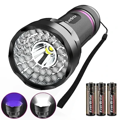 Immagine di EverBrite 2 in 1 Torcia UV a luce nera con 38 LED, lampada ultravioletta da 395 nm bianca 300 lm, rilevatore di urina per cani e gatti, convalidatore banconote 3 batterie AA
