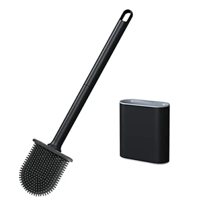Immagine di PAIDASHU Scopino per WC, in silicone, con supporto da parete, manico lungo antiscivolo, asciugatura, pulizia profonda professionale il bagno (nero)