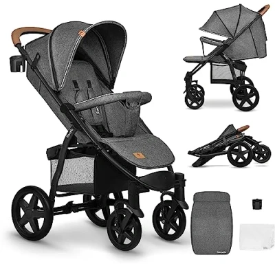 Immagine di LIONELO Annet passeggino leggero pieghevole grigio regorabile con posizione sdraiata ruote EVA cappottina XXL zanzariera coprigambe portabibite fino 22 kg