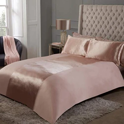 Immagine di Sleepdown Set di Biancheria da Letto, Raso a Righe e Champagne, Morbido, Accogliente, con Copripiumino federe, Super King Size (220 cm x 260 cm), Poliestere