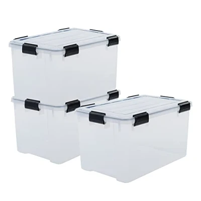 Immagine di Iris Ohyama, Scatole Portaoggetti Ermetiche in Plastica, 70L, Set di 3, Trasparente, Coperchio Impermeabile, con Chiusura, Impilabile, Per Esterni, Garage, Vestiti, Antipolvere, Senza BPA, DDAT LD