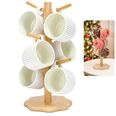 Immagine di Euqvunn Albero Porta Tazze Con 6 Ganci, Tazzine da Caffè Struttura Ad Supporto legno per Cucina Ristorante Bar,Albero Tazze(colore del legno)