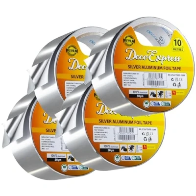 Immagine di DECO EXPRESS Nastro Adesivo di Alluminio, Foglio Alluminio Multiuso per Alte Temperature 45mm x 10/25/50m Sigillare, Riparare, Isolare, Argentato (10 M 4 Nastri)