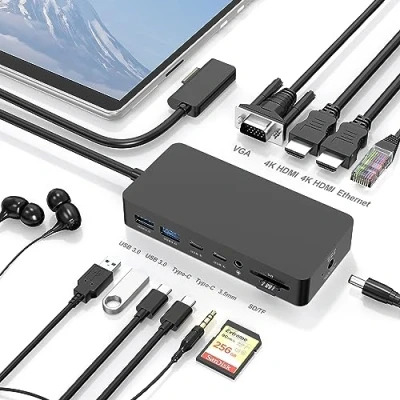 Immagine di Surface Dock, Docking Station, triplo display 12 in 1 (2HDMI 4K+VGA) Dock mit für Pro 9/8/X/7/6/5/4/3, Book 3/2/1, Laptop 5/4/3/2/1/go