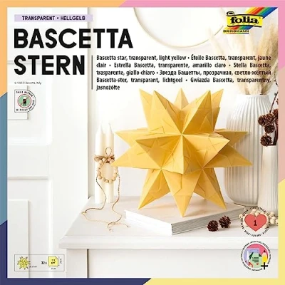Immagine di folia Bascetta Set, Carta Trasparente, 20 x cm, 115 g/mq, 32 Fogli, Diametro della Stella Fatta Circa 30 con Istruzioni per Il Fai da Te, Giallo Chiaro