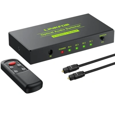 Immagine di LiNKFOR Switch Audio Ottico Digitale 4 Entrata 1 Uscita con IR Telecomando 4X1 SPDIF Toslink Box Supporta Dolby AC3 DTS PCM2.0 Cavo per PS3 PS4 HDTV Blu Ray