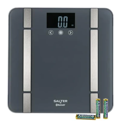 Immagine di Salter SA00432GFEU6 bilancia intelligente per bagno digitale Bluetooth, 200 kg, 17 metriche corporee, 8 memoria utente, connessione al telefono con l&#039;app Health, grigio