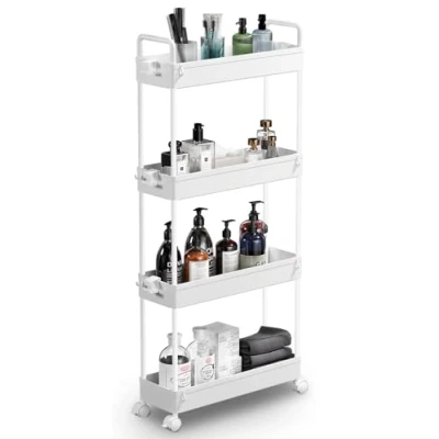 Immagine di SOLEJAZZ Carrello portaoggetti a 4 ripiani scorrevole e mobile per cucina, bagno, lavanderia, camera da letto, spazi stretti, plastica, bianco