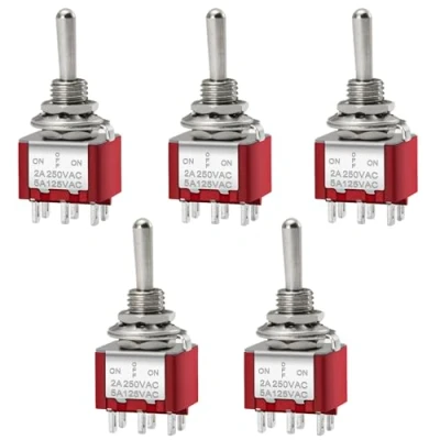 Immagine di Heschen MTS 223 Mini interruttore a levetta, (ON) OFF (ON), DPDT 6 pin, 2 A, 250 V, 125 confezione da 5