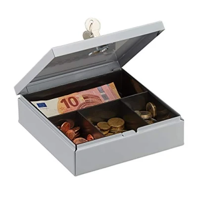 Immagine di Relaxdays, Grigia Cassetta di Sicurezza, Richiudibile, con Scomparto Monete, Cassaforte Mobile 2 Chiavi,LxP 17x17 cm, Acciaio, plastica, Set da 1 Pz