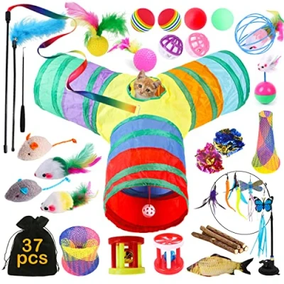 Immagine di TAVADA Set di Giocattoli per Gatti,37 Pezzi Giochi Gatti,Gioco Gatto da Interno Set,con Tunnel Gatti,Topi,Bacchetta Piume,Pesci,Palline e Campane