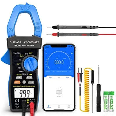 Immagine di SURLABA Bluetooth Pinza Amperometrica, AC DC Clamp Meter NCV TRMS, 6000Count Tensione Corrente Multimetro APP Support, Volt Amp con Resistenza Capacità Continuità Temperatura Diodo Hz Test