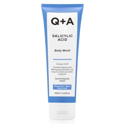 Immagine di Gel Doccia Esfoliante Q+A all&#039;Acido Salicilico per una Cura Corpo Rivitalizzante, detergente in gel, esfolia, leviga e ammorbidisce la pelle, con Estratto di Tè Verde, 250ml