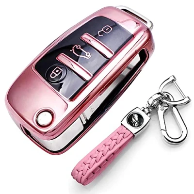 Immagine di RXXR Cover per chiave auto compatibile con Audi, A1 S1 A3 S3 RS3 A4 S4 RS4 A6 S6 RS6 Q2 Q3 Q7 TT TTS R8 Flip Key Case Remote Protector 3 pulsanti Car Fob portachiavi in pelle
