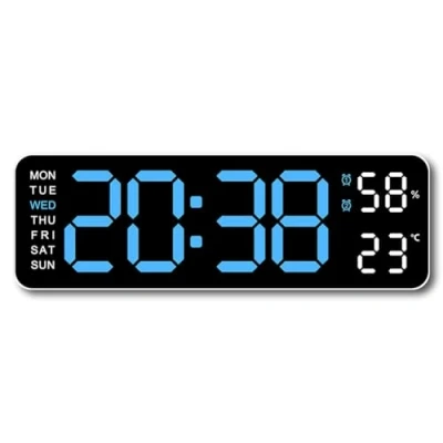 Immagine di LIVASH Grande Orologio da Parete Digitale con Temperatura e Umidità, Display Settimanale, Sveglia Elettronica Tavolo A LED, 12/24 Ore, Blu