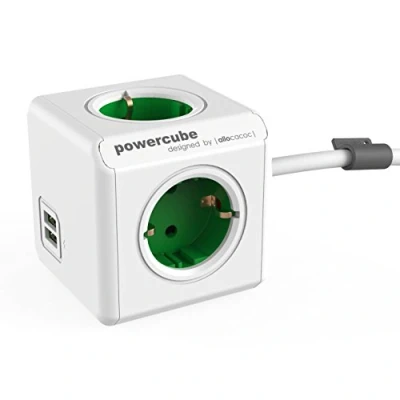 Immagine di Allocacoc 1402GN/DEEUPC, PowerCube DuoUSB Extended Verde EU, Caricatore Doppio USB e Presa Multipla 4X 230V Schuko, Bianco