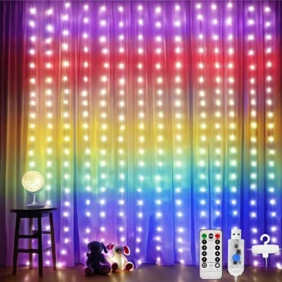 Immagine di DazSpirit 210 Tenda luminosa a LED, catena di luci USB decorative con 8 modalità luce Telecomando e timer, impermeabile per la festa nozze Camera da letto Natale (Iridescente)