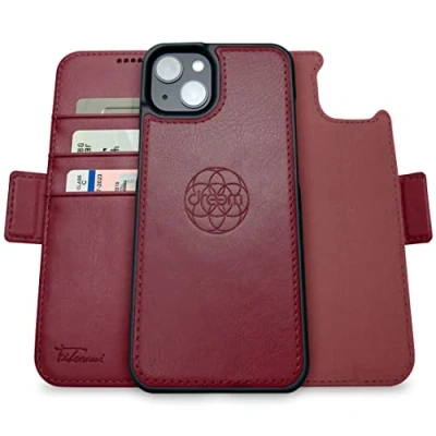 Immagine di dreem Fibonacci compatibile con iPhone 14 Plus custodia a portafoglio/custodia antiurto 2 in 1 e folio pelle vegana staccabile, MagSafe, protezione RFID [Borgogna]