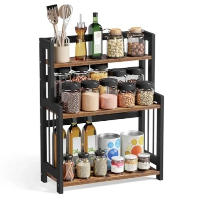 Immagine di SONGMICS Portaspezie, Scaffale da Cucina a 3 Ripiani, Organizzatore Banco, Struttura in BambÙ, per Cucina, Sala Pranzo, Ufficio, Marrone Vintage e Nero OFS047B01
