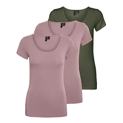Immagine di VERO MODA Maglietta da donna Vmmaxi My Ss, soft, collo a U, Multicolore (2 x Woodrose/ 1 Dusty Olive), XXL